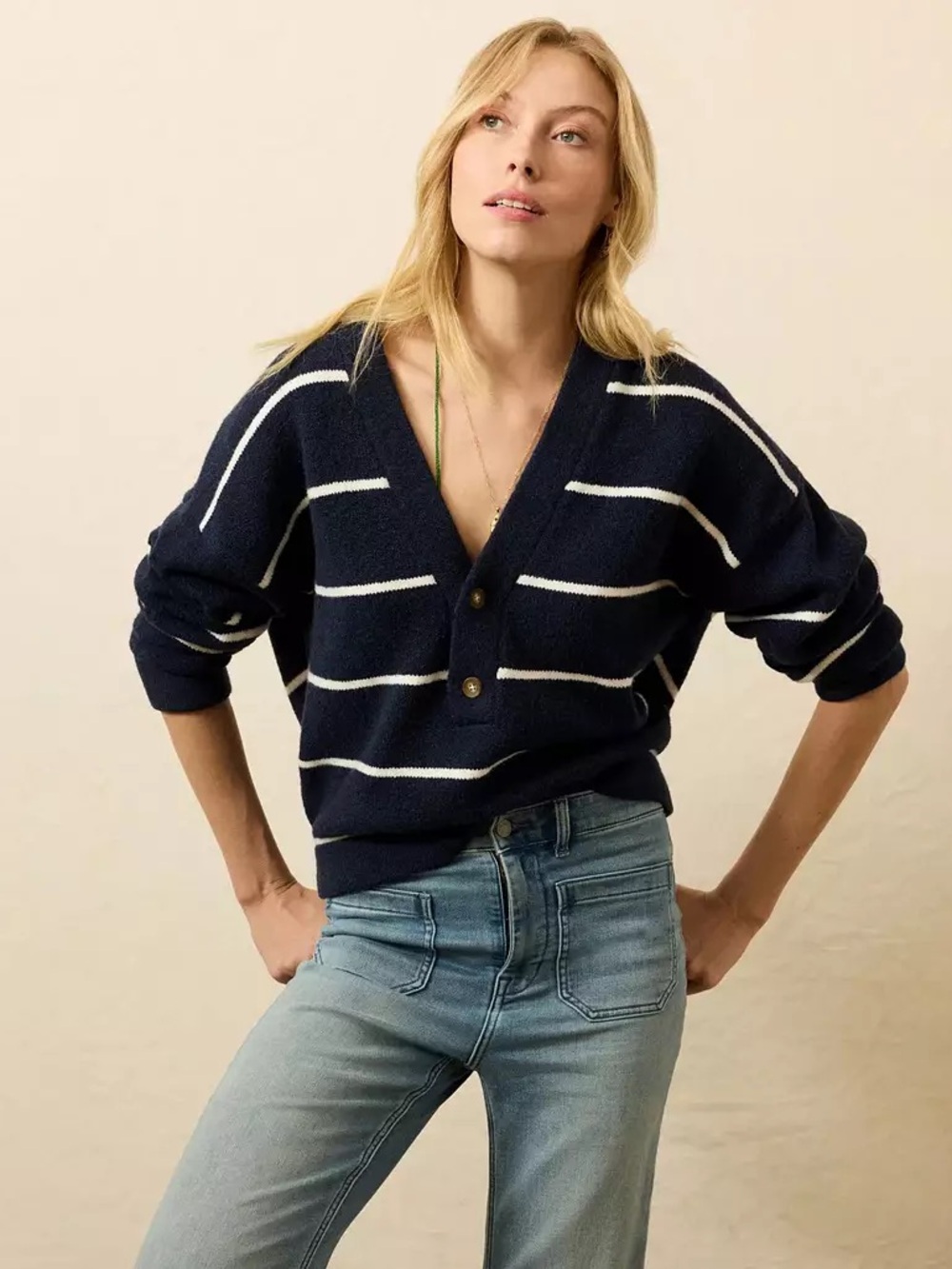 NWT Faherty Jackson V-Neck Popover Sweater Norman Navy Stripe M
